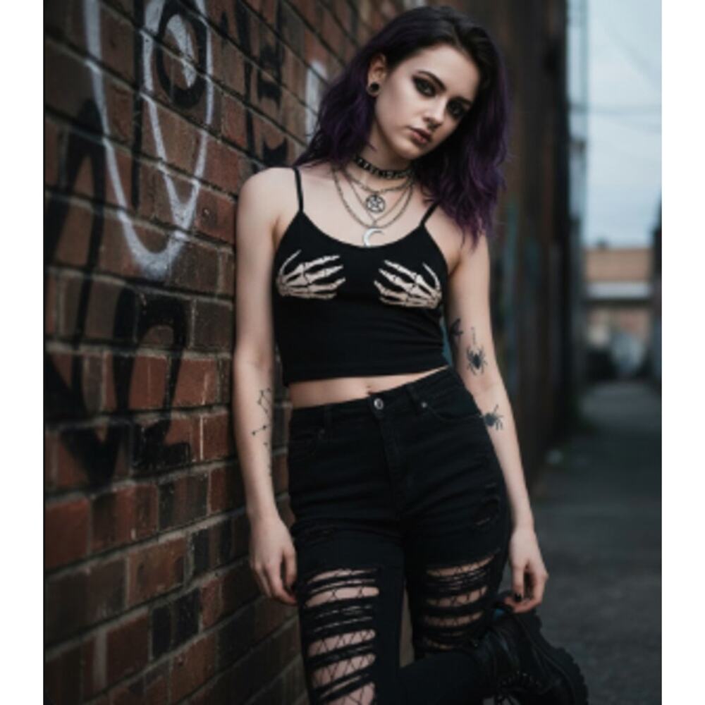 Romwe Skeleton Crop Top – Black & White, Adjustable Straps, Size Large
